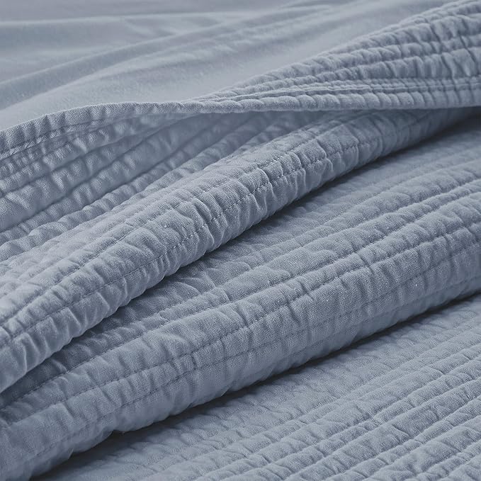 Wonderful Linen Cotton Quilt Set Queen Size, 100% Cotton Back and Filling, 3 Piece Pre-Washed Blue Bedding Cover, Wave Stitched Bedspread Coverlet Bedding Set 3-Piece for All Seasons, 94"x94"