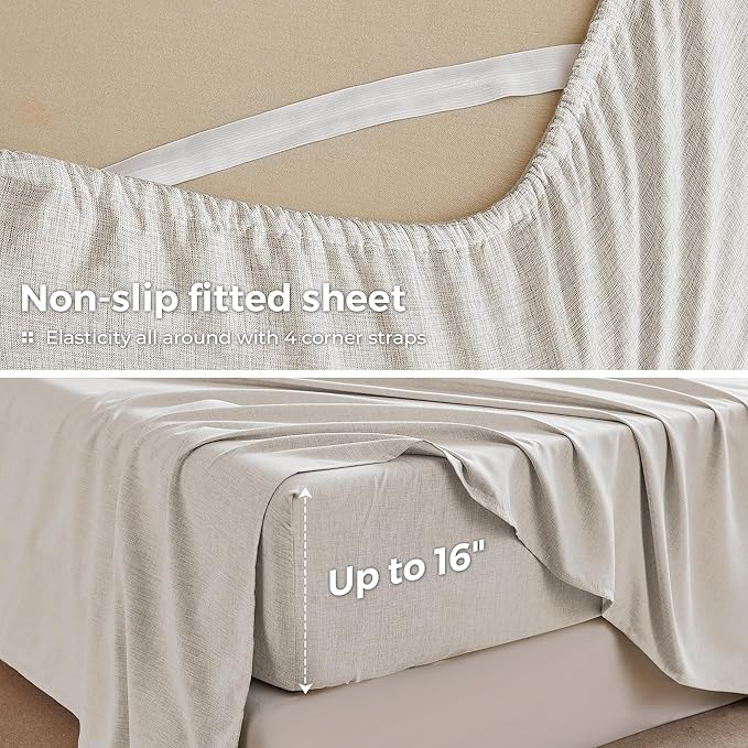 King Sheets Khaki, Ultral Soft Cationic Linen Look Sheets, Luxury Cooling Cozy Bed Sheet Set with Non-Slip Fitted Sheet