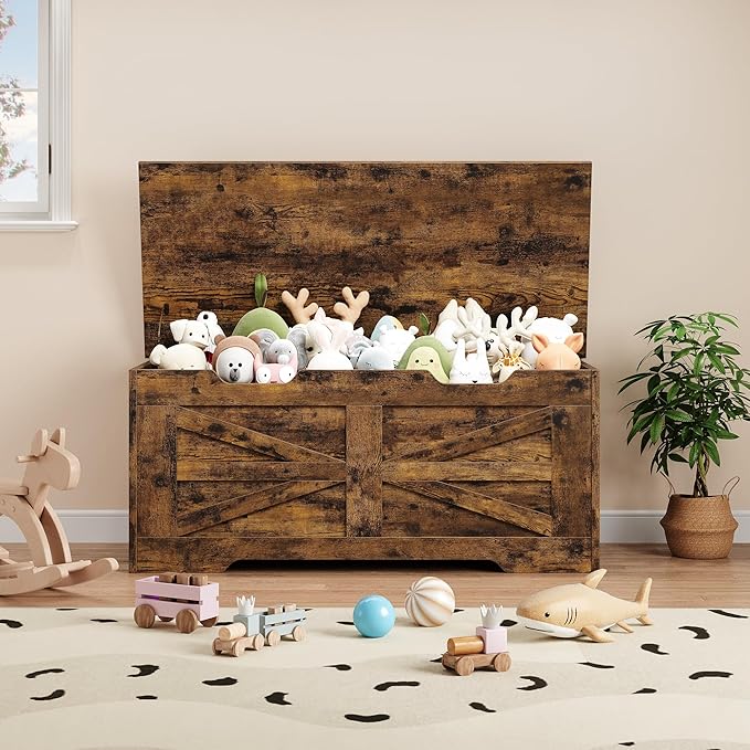 IDEALHOUSE Storage Chest, 39.4" Storage Bench Wooden Toy Chest Box, Farmhouse Storage Trunk with Safety Hinge, Supports 350 lbs, for Entryway, Living Room, Bedroom,Rustic Brown