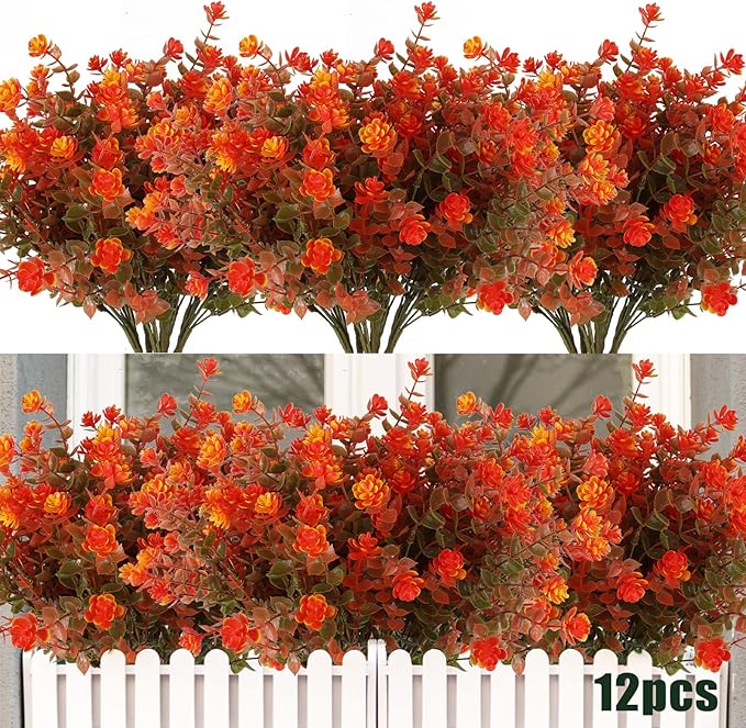 12 Bundles Artificial Outdoor Flowers UV Resistant Fake Plastic Plants No Fade Faux Fall Flowers for Hanging Planter Garden Porch Patio Window Box Wedding Thanksgiving Halloween Decor, Fall Orange