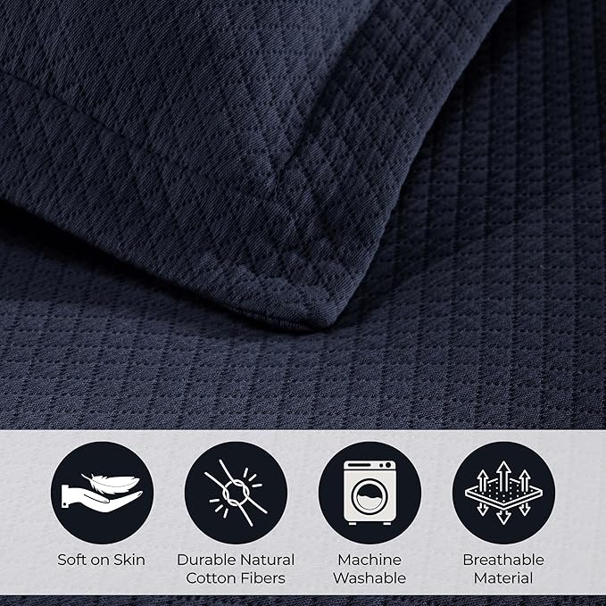 Superior Solitaire Cotton 3 Piece Bedspread Set, Home Bed Decor, Decorative Textured Bed Spread, 2 Pillow Shams, Airy Blanket, Matelasse Coverlet Bedding, All-Season Accent Blanket, King, Navy Blue