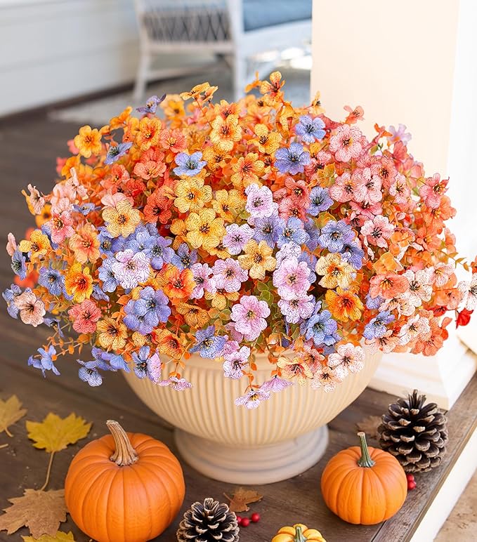 Artificial Fall Flowers Faux Mums for Outdoor Indoor Garden Home Decoration, Faux Flower Daisy with Eucalyptus Leaves Fake Plants Greenery Boxwood Porch Patio, 12 Bundles (6 Fall Multicolor)