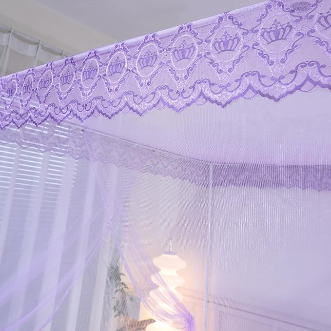 Bed Canopy, Princess Bed Curtain Net for Girls & Adults,Three-Doors Rectangle Lace Dome Netting (Purple, Queen)