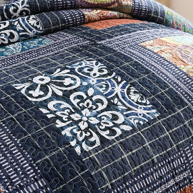 NEWLAKE Bedspread Quilt Set with Real Stitched Embroidery, Paisley Grid Pattern,King Size