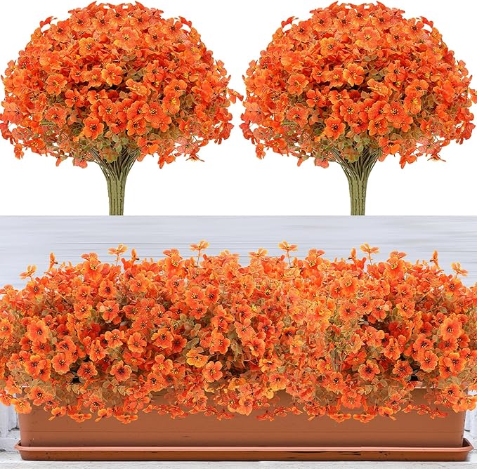 Fall Flowers Artificial for Decoration, Artificial Fall Mums Flowers for Outdoors, Fake Flowers Daisy Eucalyptus Realistic UV Resistant for Garden Patio Porch Home Decor (12, Orange-Green Leaves)