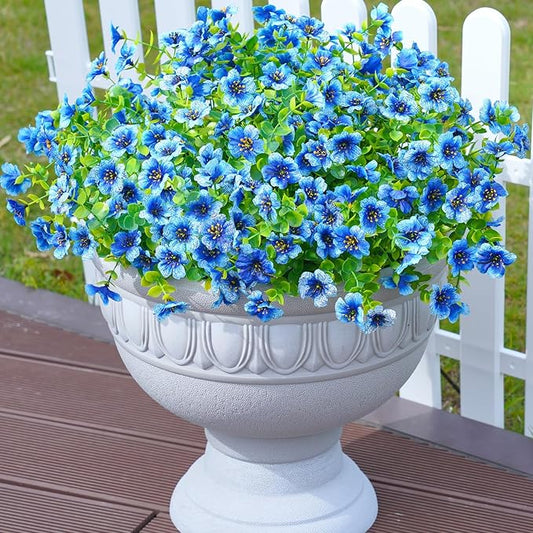 Artificial Fake Plants Flowers for Outdoor Outside Summer Decoration, 12 Bundles Faux Silk Blue Daisy UV Resistant Look Real for Porch Patio Home Yard Garden Planter