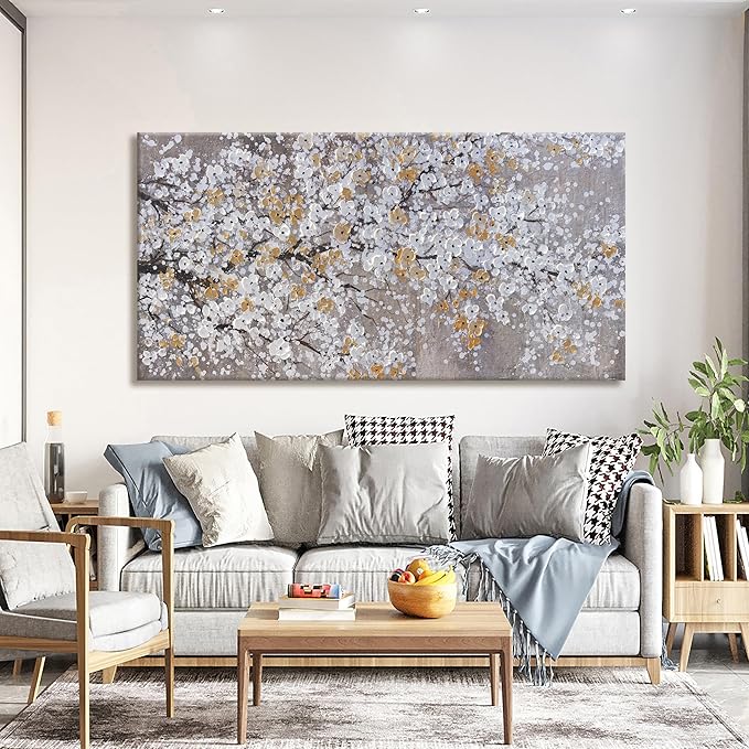 Large Botanical Wall Art Floral Canvas Landscape Wall Art Textured Picture Abstract Botanical Modern Gold White Print Artwork For Living Room Bedroom Office Home Decor 30"X60"
