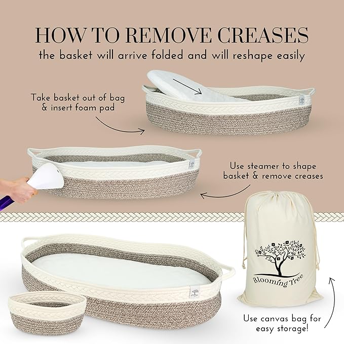Baby Changing Basket – Boho Baby Basket for Dresser – Woven Diaper Changing Basket – 2 Water Resistant Pad Covers - Boho Nursery Decor - 100% Cotton Rope - Moses Basket - Portable Changing Station.