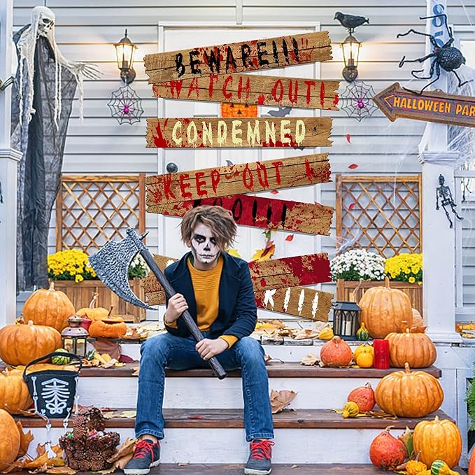 10pcs 39"x4.7" Halloween Haunted Window Boards, Beware Signs Window Warning Signs,Waterproof Outdoor Scary Sign for Halloween Party Decoration (10pcs window boards)