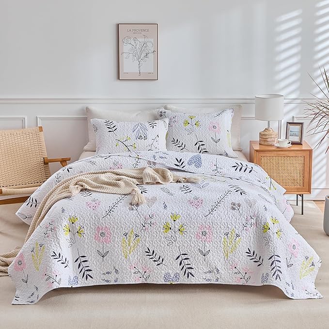 mixinni 3-Piece Quilt Set Flower Leaf Bedspread Lightweight Coverlet Set Garden Style Floral Printed Farmhouse Quilted Bedding Set with Shams for All Season, Queen Size