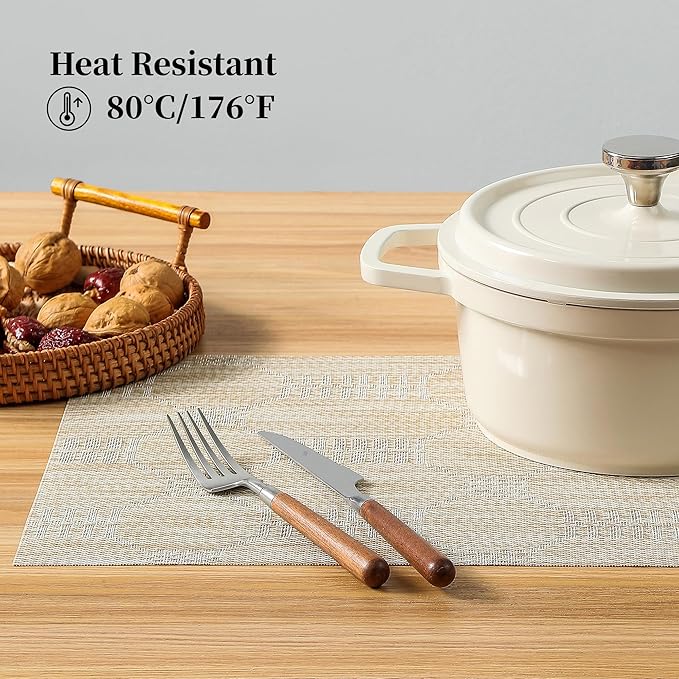 Leetaltree Wheat Placemats Set of 8 - Heat Resistant Non-Slip Place mats for Dining Table, Washable Durable PVC Vinyl Woven Table Mats(Wheat, 8)