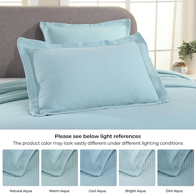 Superior Solitaire Cotton 3 Piece Bedspread Set, Home Bed Decor, Decorative Textured Bed Spread, 2 Pillow Shams, Airy Blanket, Matelasse Coverlet Bedding, All-Season Accent Blanket, King, Aqua