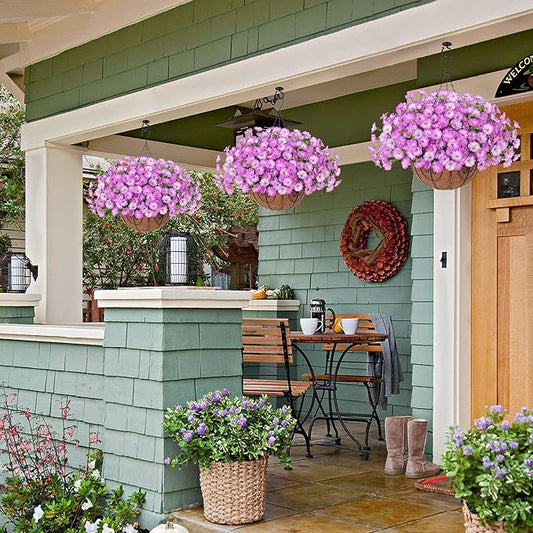 Artificial Faux Hanging Plants Flowers Basket for Outdoor Outside Spring Summer Decoration, Silk Purple Morning Glory in Planter UV Resistant Look Real Fake Flowers for Porch Patio Balcony Home Yard