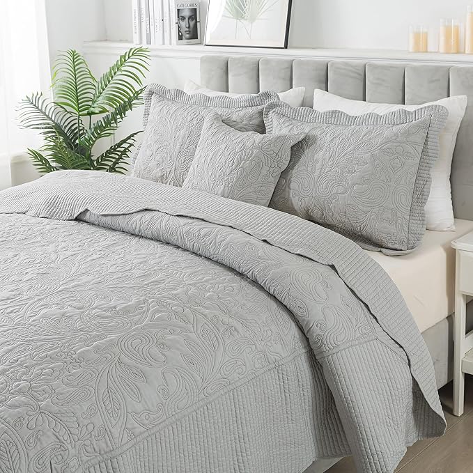 HoneiLife Oversized King Bedspreads - California King Quilt 128x120, 4-Piece Cal King Quilt Sets,Rustic Bedding Sets King Size,Extra Large Coverlets Lightweight Bed Cover for All Season Use-Grey