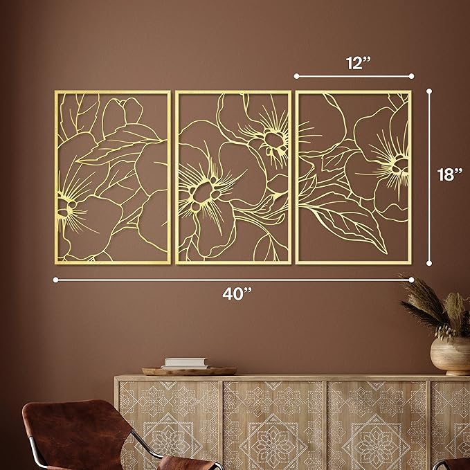 Vivegate Gold Minimalist Floral Single Line Metal Wall Art Decor - 18"X12" 3 Packs Gold Floral Abstract Minimalist Lines Wall signs for Hanging home wall decor