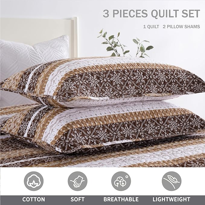 Homzard Brown Quilts Queen Size,Boho Cotton Comforter Set Queen Size,Brown White Snowflake Striped Quilted Bedspread Set,Bohemian Lightweight Comforter Bedding with 2 Pillow Shams