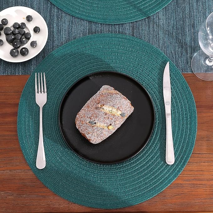 SHACOS Round Placemats Set of 6 Washable 15 inch Round Table Mats Cotton Polyester Woven Braided Place Mats for Dining Table, Teal Green