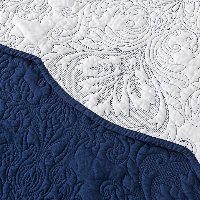 HoneiLife Queen Quilt Bedding Set - Microfiber Quilt Sets for Queen Bed, 3-Piece Lightweight Bedspreads,Reversible Coverlets Rustic Bed Cover, Floral Bedding Set All Season Quilts-Navy