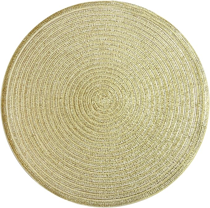 SHACOS Golden Glitter Round Braided Placemats Set of 6 Bling Circle Place Mats Washable Table Mats for Holiday Party Wedding Shower (6, Gold)