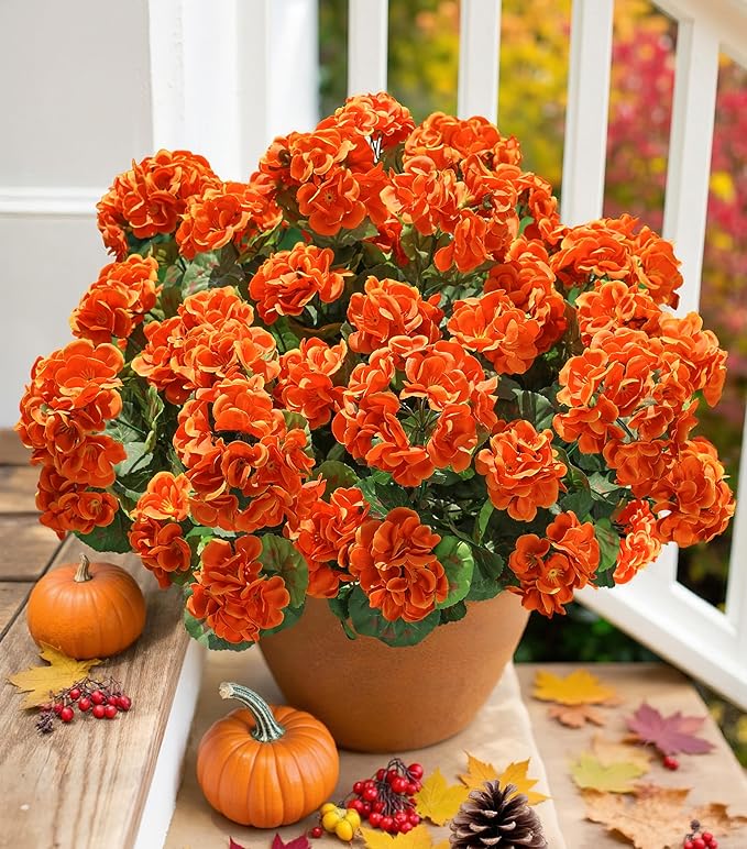 Fake Geraniums Artificial Flowers for Outdoors Fall Autumn Decoration, 6 Bundles Silk Geraniums UV Resistant Look Real Orange Faux Flowers Plants for Front Door Garden Planter Patio Balcony Yard Home