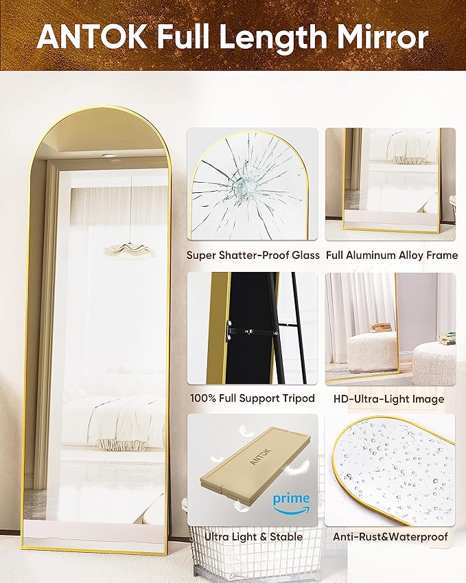 Antok Floor Mirror, 64"x21" Full Length Mirror with Stand, Arched Wall Mirror, Glassless Gold Floor Mirror Freestanding, Wall Mounted Mirror for Bedroom Living Room (Gold)