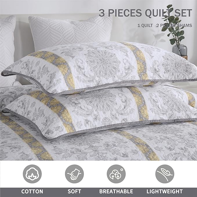 Homzard Quilts Queen Size - Cotton Comforter Set,White Grey Yellow Striped Quilt Bedspread Set,Paisley Bedding Queen Size and Two Pillow Shams
