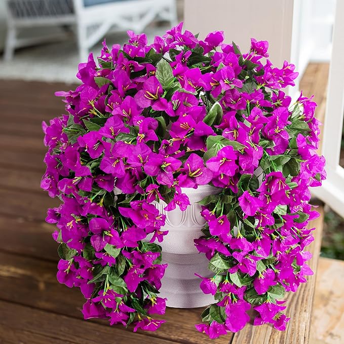 Artificial Faux Bougainvillea Flowers Plants for Outdoor Outside Summer Decoration, 2 pcs Fake Silk UV Resistant Look Real Long Trailing Vines for Front Door Porch Planter Urn Patio Balcony, Purple