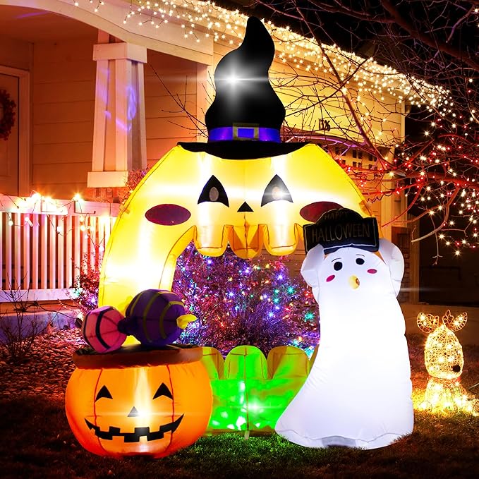 5 Feet Halloween Inflatable Pumpkin Outdoor Decoration with LED Lights, Blow up Halloween Ghost Hollowed Out Archway Pumpkin Inflatable Decor for Indoor Outdoor Yard Halloween Party Photo Spot