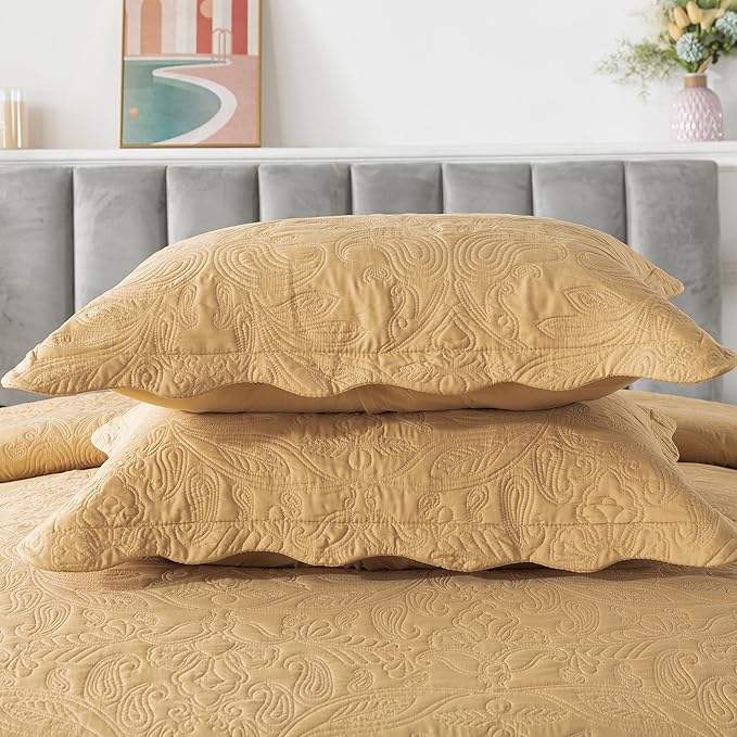 HoneiLife Queen Quilt Bedding Set - 3 Pieces Microfiber Quilt Sets Lightweight Bedspreads Reversible Coverlets Retro Bed Cover Paisley Pattern Bedding Set All Season Quilts-Yellow