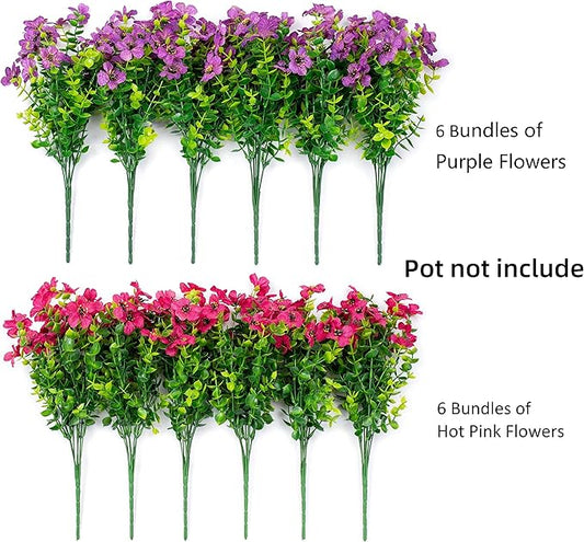 Artificial Flowers for Outdoor Indoor Garden Home Decoration, Faux Flower Daisy with Eucalyptus Leaves Fake Plants Greenery Boxwood Porch Patio, 12 Bundles (Purple Pink)