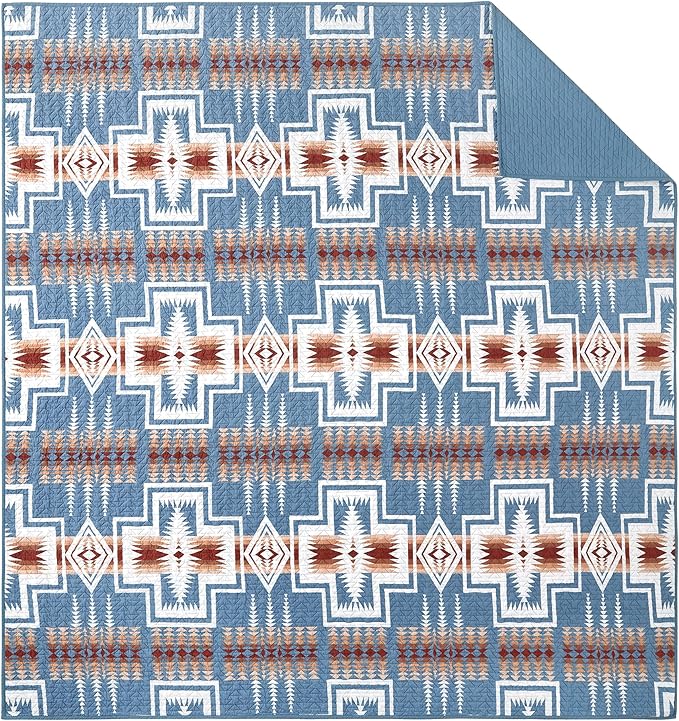 PENDLETON Harding Denim Blue Comforters Queen Size, Wrinkle-Resistant Bedding Cover for Vibrant Summer Rustic Geomeric Farmhouse Decor, Quilt with Matching Pillow Shams, Full/Queen, Denim