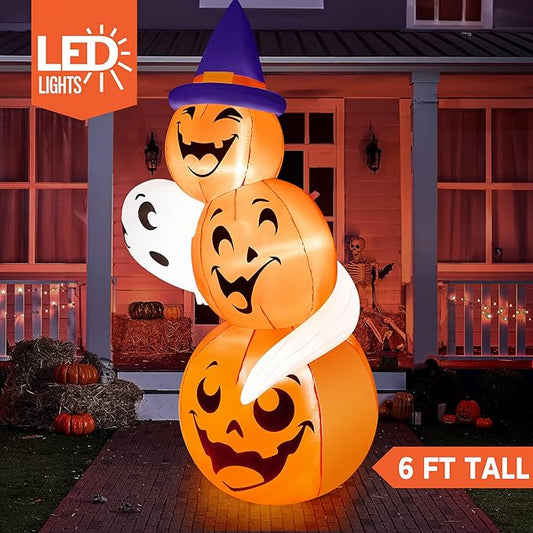 Joiedomi 6 FT Tall Halloween Inflatable Outdoor Decorations, Pumpkin Inflatable Halloween Decor Outdoor, Blow Ups Ghost and Pumpkins with Witch Hat for Cute Decorations Outdoor