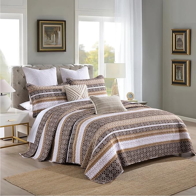 Homzard Brown Quilts Queen Size,Boho Cotton Comforter Set Queen Size,Brown White Snowflake Striped Quilted Bedspread Set,Bohemian Lightweight Comforter Bedding with 2 Pillow Shams
