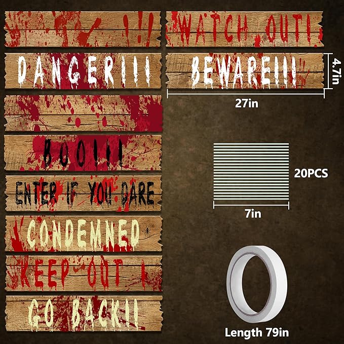 10 pcs Halloween Haunted Window Boards, 27''x 4.7'' Scary Window Warning Signs, Waterproof Bloody Beware Door Board Signs for Outdoor Halloween House Decoration Horror Themed Party