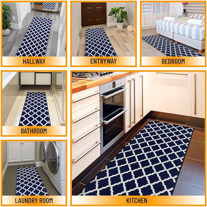 Ottomanson Glamour Collection Non-Slip Rubberback Moroccan Trellis Design 2x6 Indoor Runner Rug, 2'2" x 6', Navy