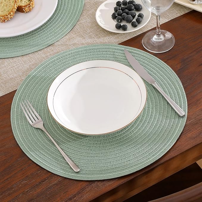 SHACOS Round Placemats Set of 6 Washable 15 inch Round Table Mats Cotton Polyester Woven Braided Place Mats for Dining Table, Sage Green