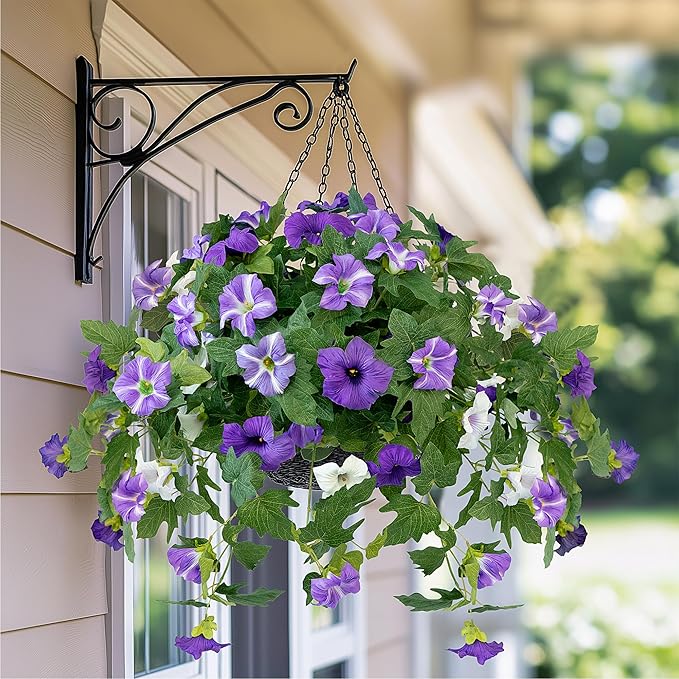 Artificial Flowers for Outdoors, 2PCS Realistic Fake Silk Petunias UV Resistant No Fade Spring Floral, Faux Flowers for Outdoor Garden Windowsill Patio Porch Home Decor, Purple White