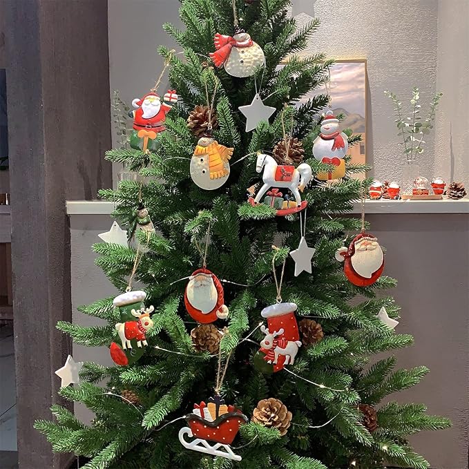 Metal Christmas Tree Ornaments 6-Pack Xmas Hanging Ornaments Santa Snowman Christmas Stocking Sleigh Ornaments for Christmas Tree Holiday Decorations, Outdoor Holiday Home Decorations