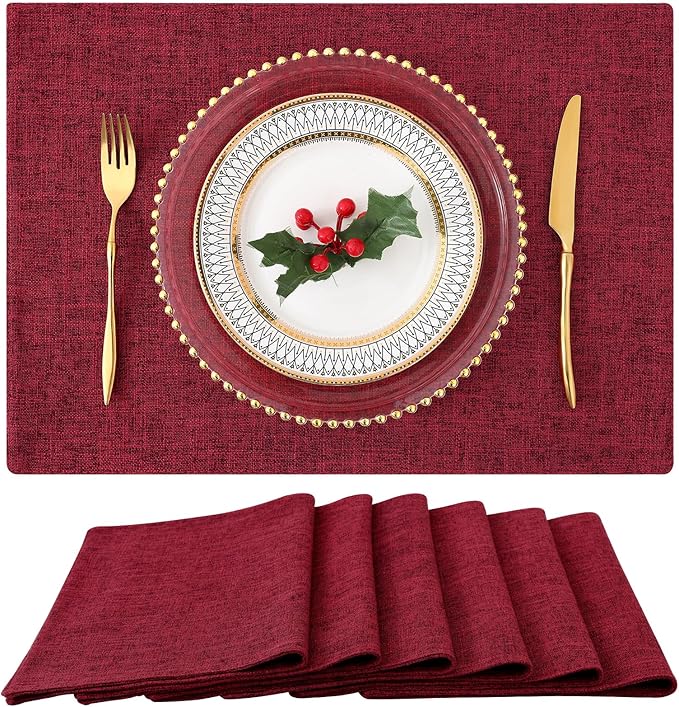 homing Red Cloth Placemats Set of 6 – Cotton Linen Blend Washable Farmhouse Dining Table Mats for Christmas, Easy to Clean, 13 x 19 Inch