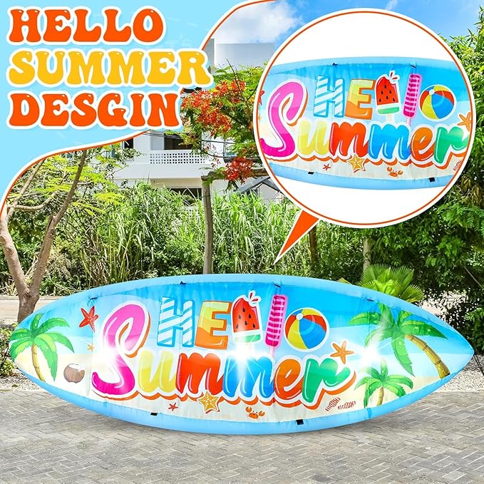 Eyourlife 5 FT Hello Summer Surfboard Inflatable, Outdoor Blow Up Yard Decoration with Built-in 3 LED Lights, Summer Luau Party Decorations for Pool Holiday Garden Lawn Patio Tropical Beach