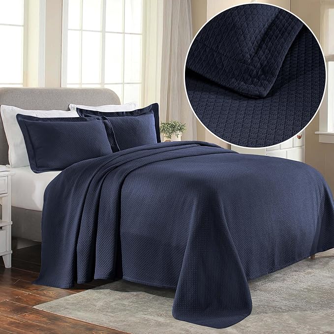 Superior Solitaire Cotton 3 Piece Bedspread Set, Home Bed Decor, Decorative Textured Bed Spread, 2 Pillow Shams, Airy Blanket, Matelasse Coverlet Bedding, All-Season Accent Blanket, King, Navy Blue