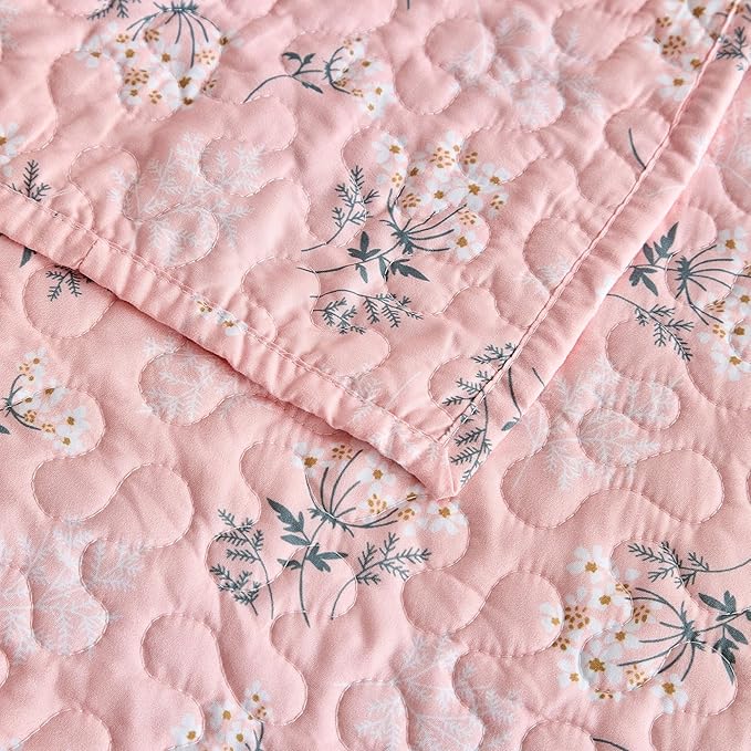 mixinni 3 Pieces Queen Size Comforter Set, Vibrant Colors Pink Floral Bedspread Coverlet Set, Summer Quilted Bed Set for All Season-(Includes 1 Quilt, 2 Pillow Shams)