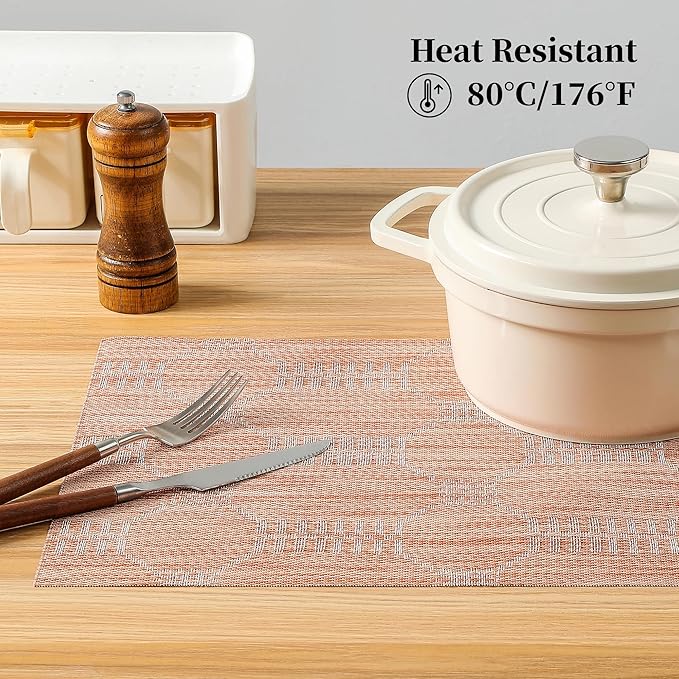 Leetaltree Coral Placemats Set of 8 - Heat Resistant Non-Slip Place mats for Dining Table, Washable Durable PVC Vinyl Woven Table Mats(Coral, 8)