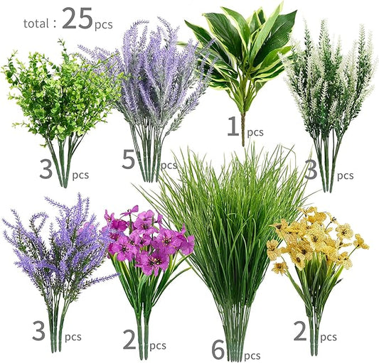 25Pcs Outdoor Artificial Boxwood UV Resistant Fake Stems Plants, Faux Plastic Greenery for Indoor Outside Hanging Plants Garden Porch Window Box Home Wedding Farmhouse Décor