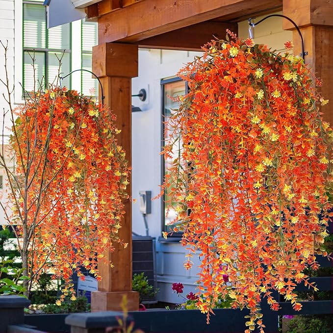 6 Pcs Artificial Fall Hanging Flowers Outdoor Silk Mum Plants Autumn Decor Faux Violet with Eucalyptus Realistic UV Resistant Trailing Vine Thanksgiving Porch Yard(Vivid Color,Eucalyptus)