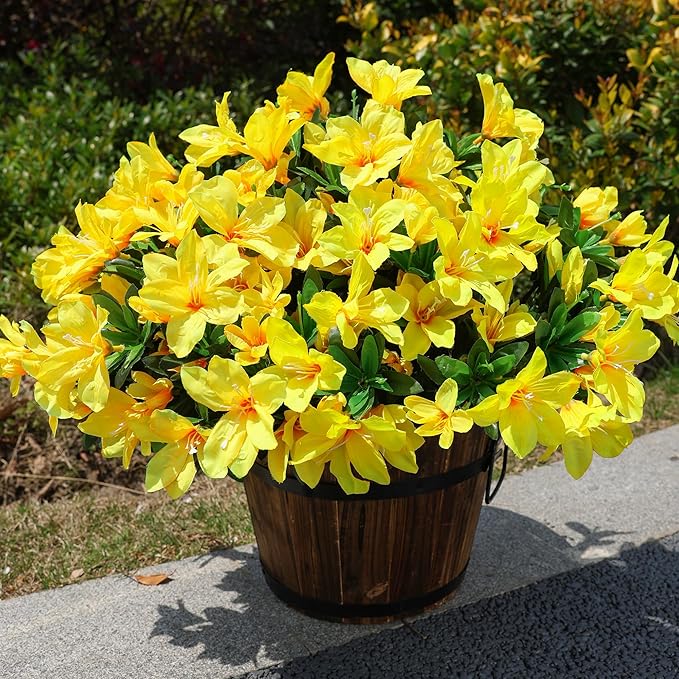 Artificial Flowers for Outdoors, 3 Bundles Fake Silk Azalea Bouquet Faux Flower Plants Outside Decoration UV Resistant Realistic Fake Flowers for Planter Front Door Patio Garden Walkways Home, Yellow