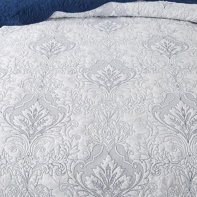 HoneiLife Queen Quilt Bedding Set - Microfiber Quilt Sets for Queen Bed, 3-Piece Lightweight Bedspreads,Reversible Coverlets Rustic Bed Cover, Floral Bedding Set All Season Quilts-Navy