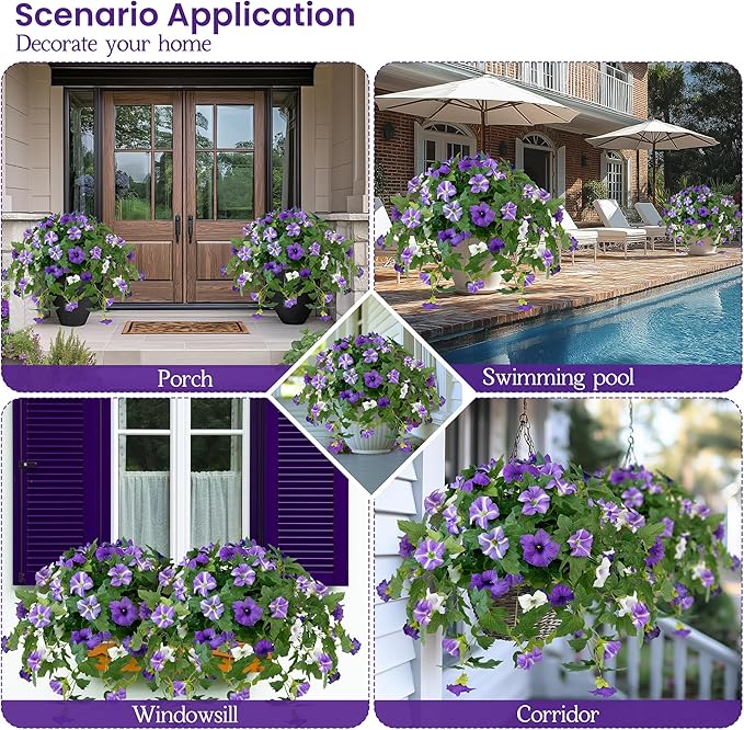 Artificial Flowers for Outdoors, 2PCS Realistic Fake Silk Petunias UV Resistant No Fade Spring Floral, Faux Flowers for Outdoor Garden Windowsill Patio Porch Home Decor, Purple White