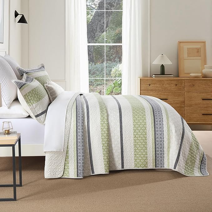 Homzard Quilts Queen Size,Cotton Queen Comforter Set,Green Beige Grey Quilt Bedspread Set,Striped Bedding,Cotton Lightweight Bed Comforter All Season 3 Piece