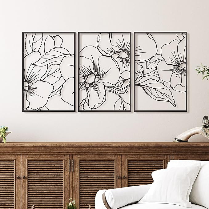 Vivegate Black Minimalist Floral Single Line Metal Wall Art Decor - 18"X12" 3 Packs Black Floral Abstract Minimalist Lines Wall signs for Hanging home wall decor